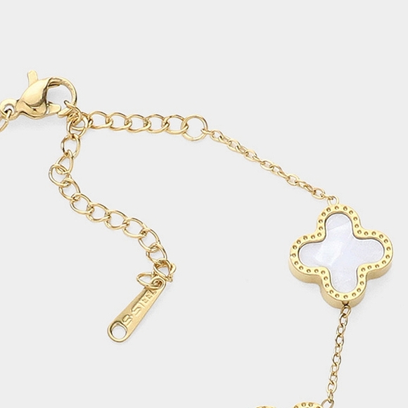 Gold White Mother of Pearl Quatrefoil Pendant Bracelet Station Clover Chain - Picture 2 of 3